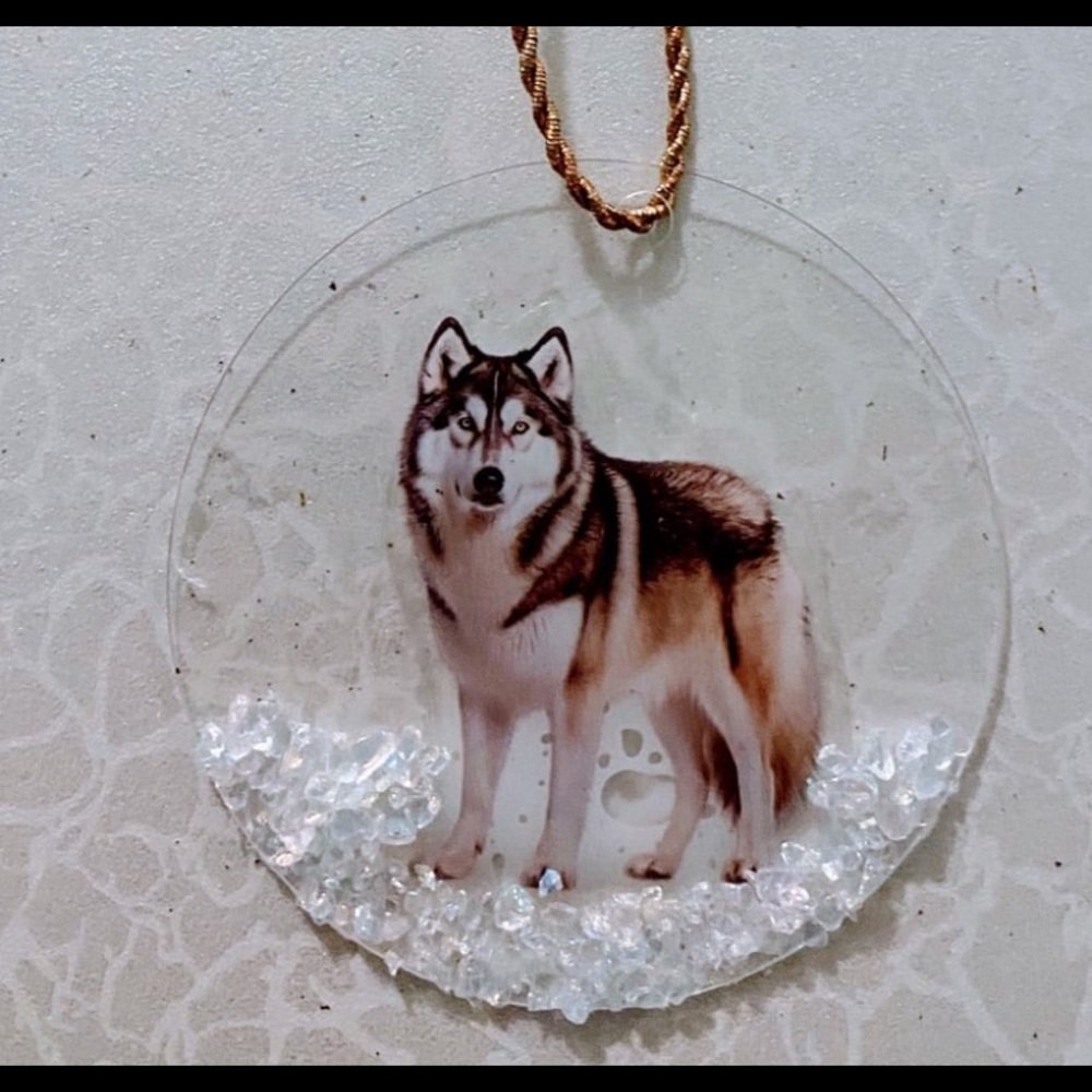 Hand Crafted Husky Ornament or car dangle with Gold Cord